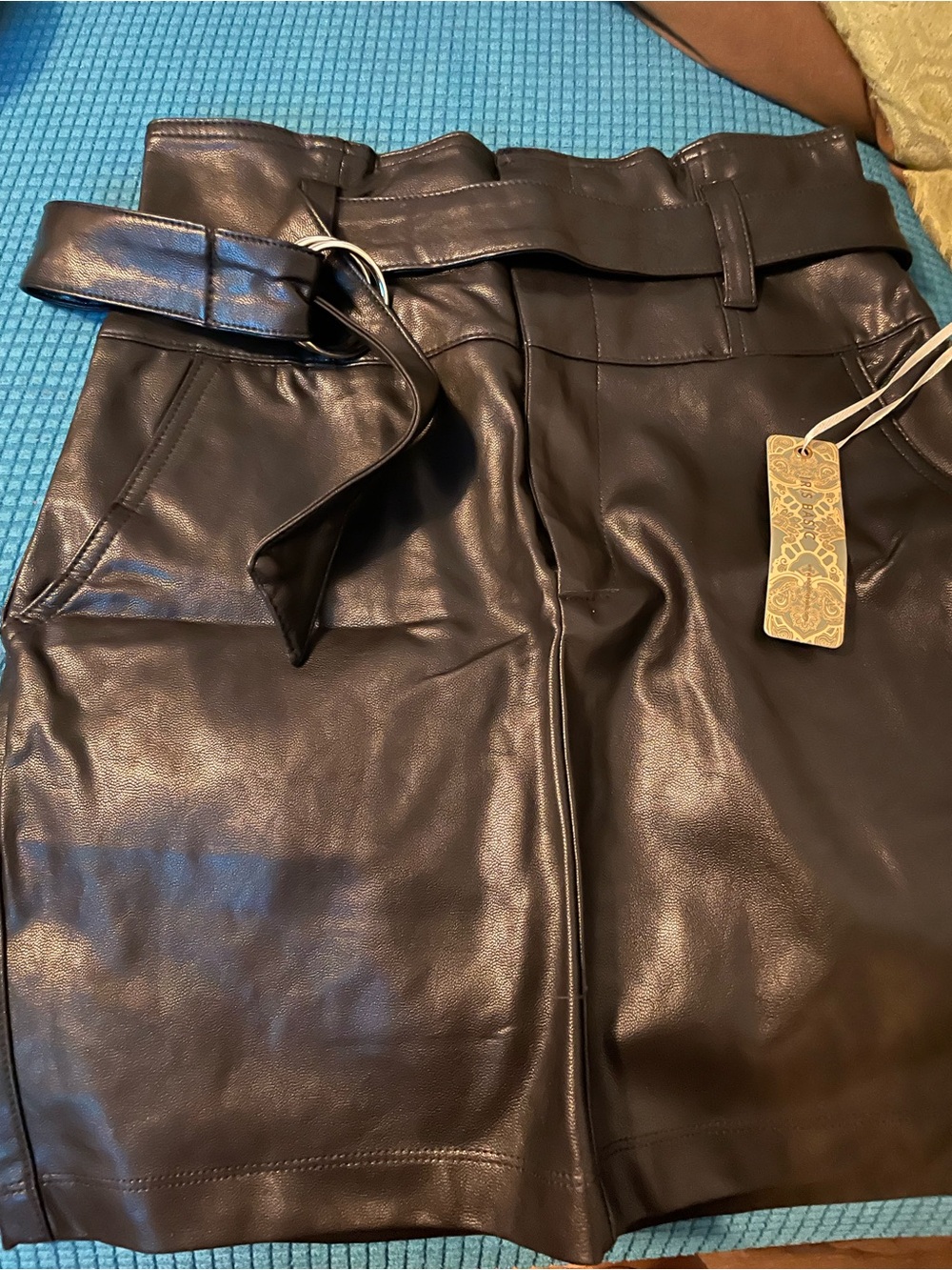 iris Black Faux Leather Mini Skirt with Waist Tie